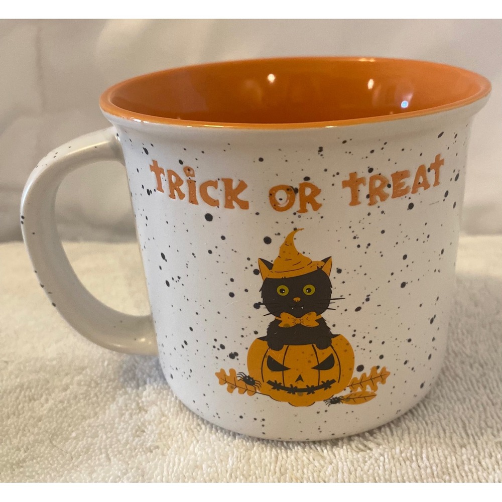 Winifred & Lily Halloween Trick or Treat Black Cat Pumpkin Coffee Mug Orange